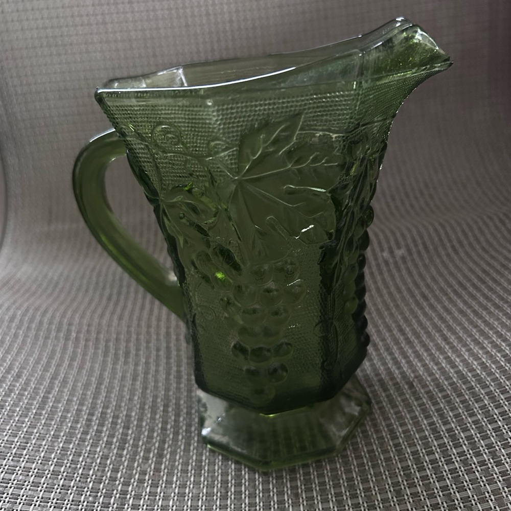 Green Glass Pitcher with Grape Design